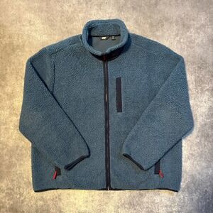 Lands End Mens XXL Blue Sherpa Deep Pile Fleece Full Zip Jacket Mock Neck Pocket